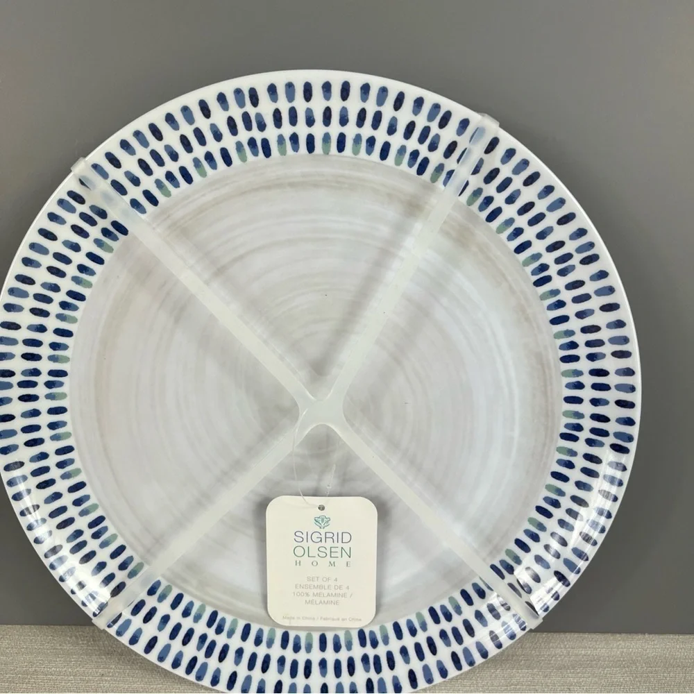 Sigrid Olsen Melamine Dinner Plates Modern Blue White Grey Pattern Set of 4 NEW